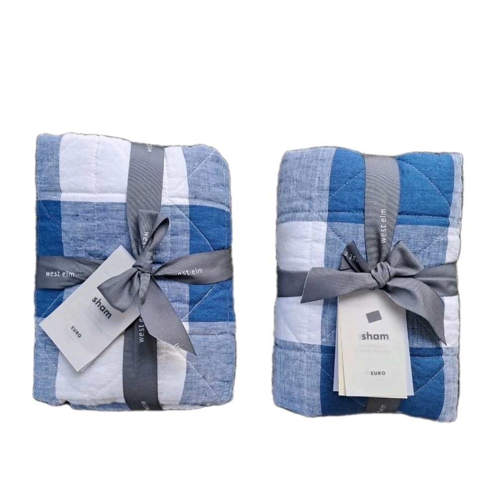 West Elm Heather Taylor Euro Sham Set of 2  Flax Linen Gingham Reversible 26x26